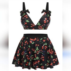 NWT Cherry Print Black Two-Piece Swim Set. Womens XL